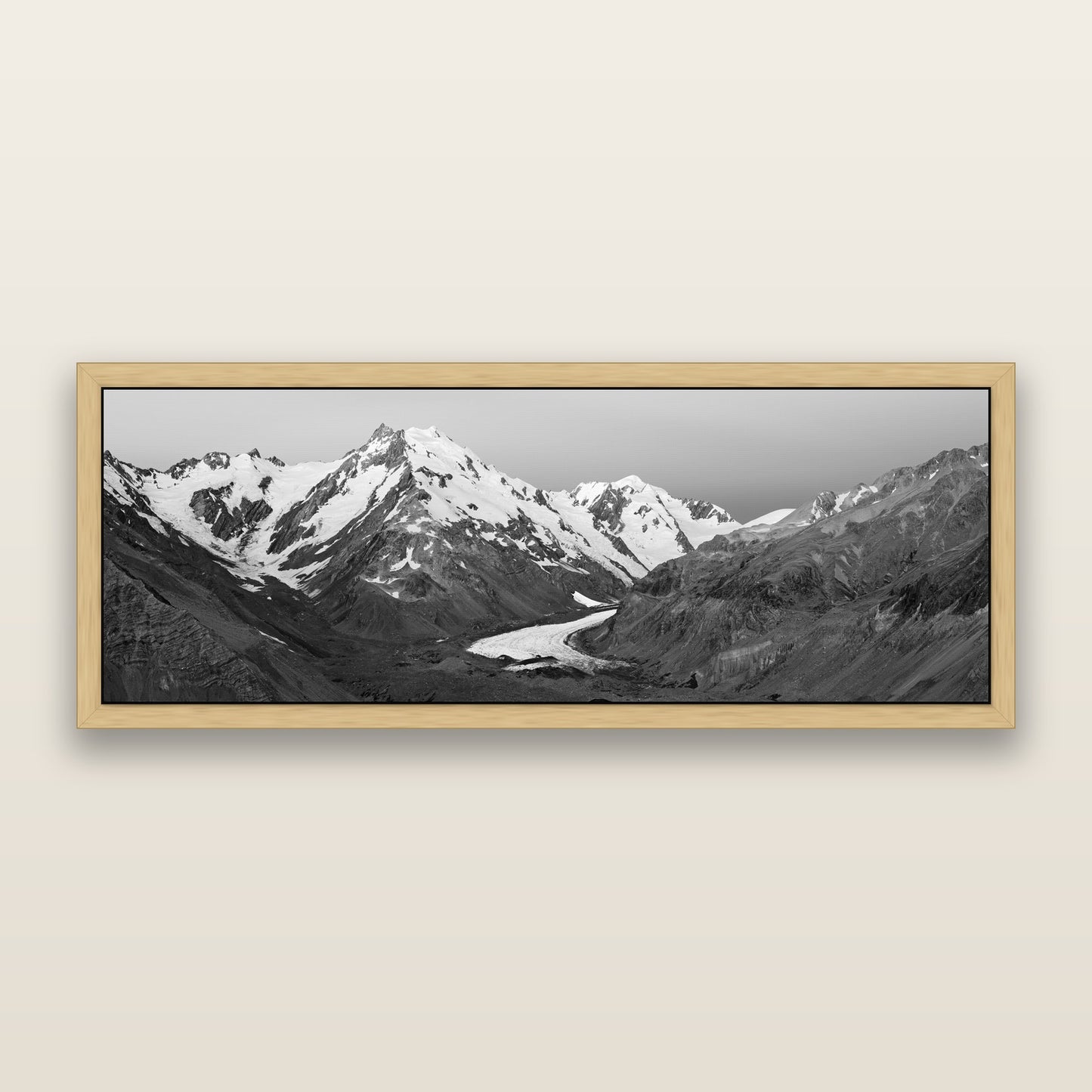Frozen Highway, Tasman Glacier — black and white framed metallic canvas print, Natural frame. New Zealand fine art wall art by Stephen Milner.