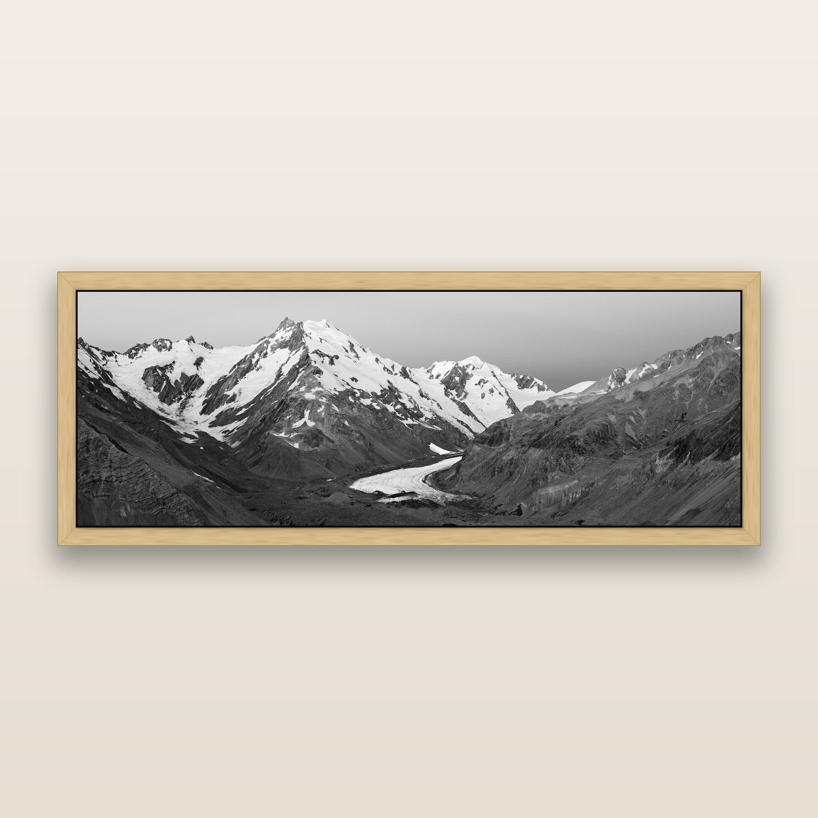Frozen Highway, Tasman Glacier, black and white framed metallic canvas print, Natural frame. New Zealand fine art wall art by Stephen Milner.