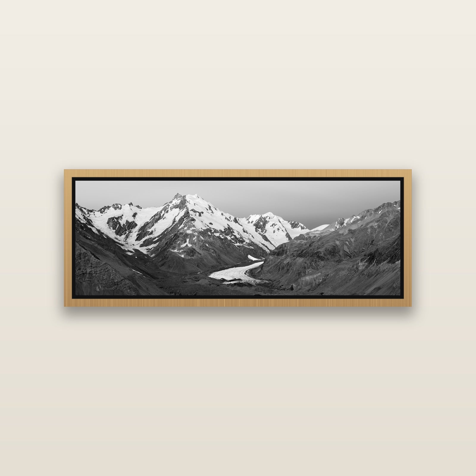 Frozen Highway, Tasman Glacier — Natural framed metallic canvas print, small 86 × 30 cm. New Zealand fine art landscape wall art by Stephen Milner.