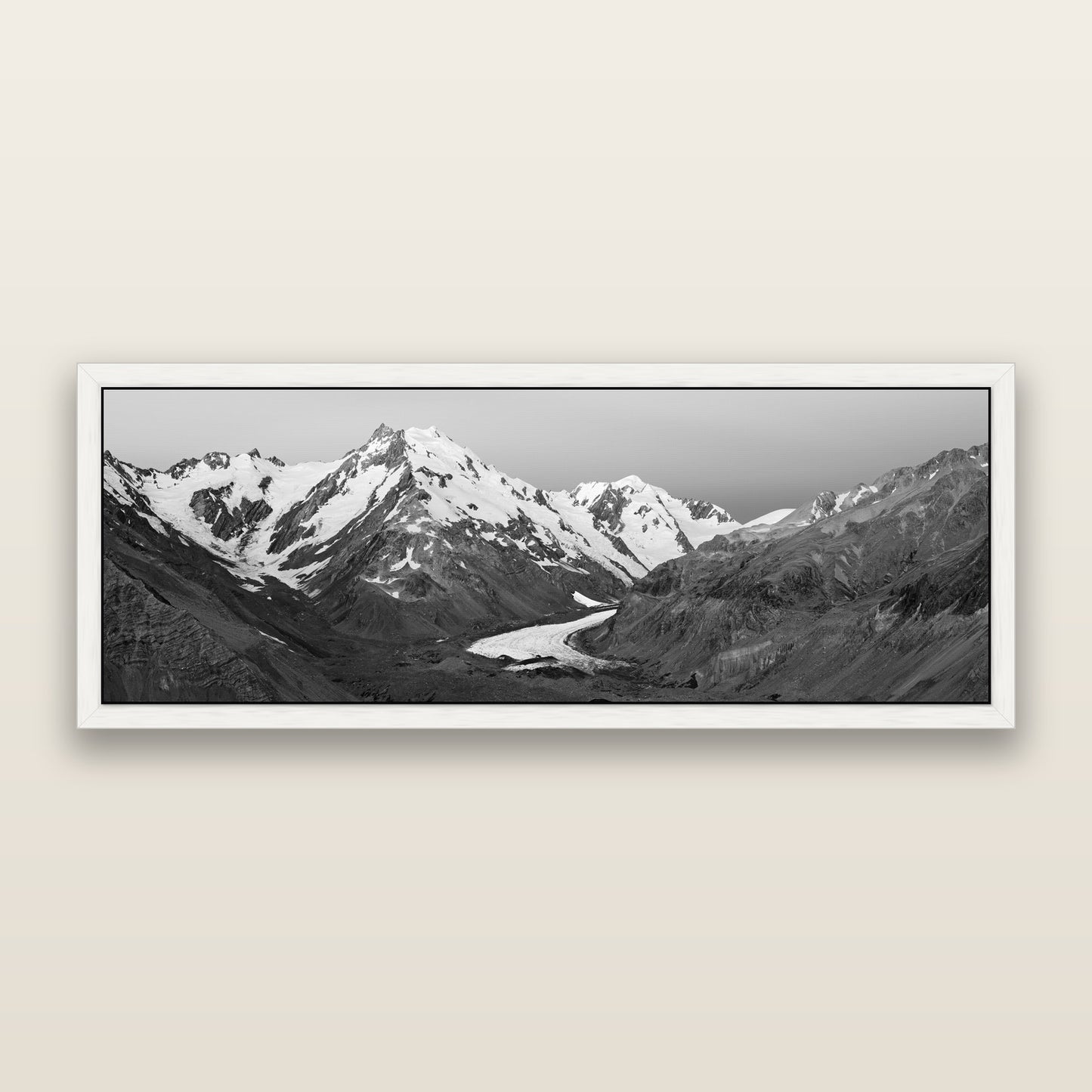 Frozen Highway, Tasman Glacier — black and white framed metallic canvas print, White frame. New Zealand fine art wall art by Stephen Milner.