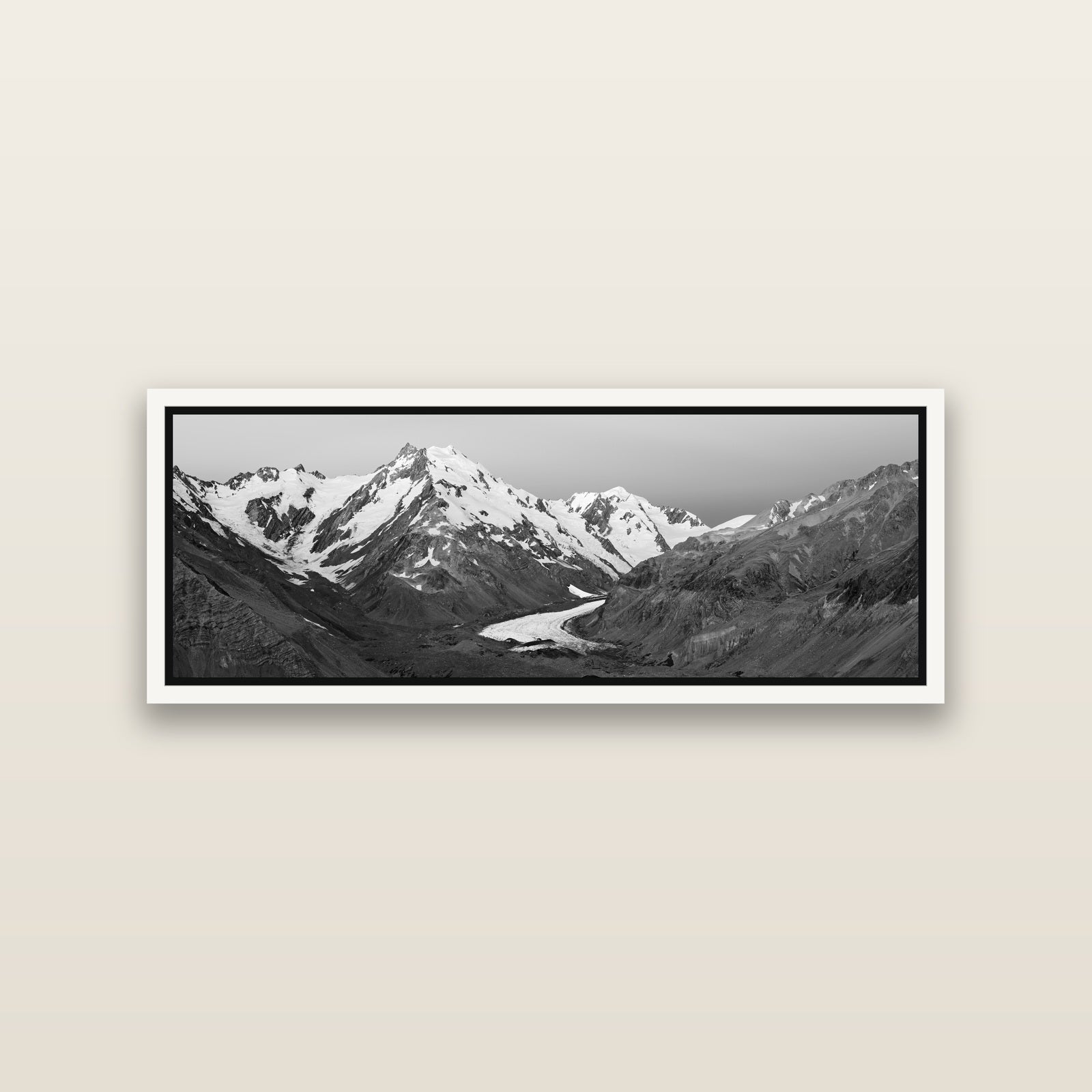 Frozen Highway, Tasman Glacier — White framed metallic canvas print, small 86 × 30 cm. New Zealand fine art landscape wall art by Stephen Milner.