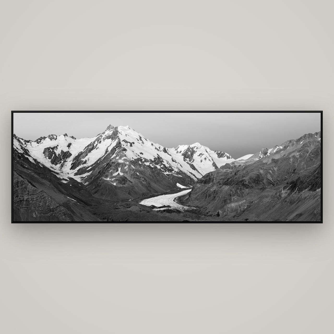 Frozen Highway, Tasman Glacier — ArtBox Black, 198×70 cm. New Zealand fine art wall art by Stephen Milner.