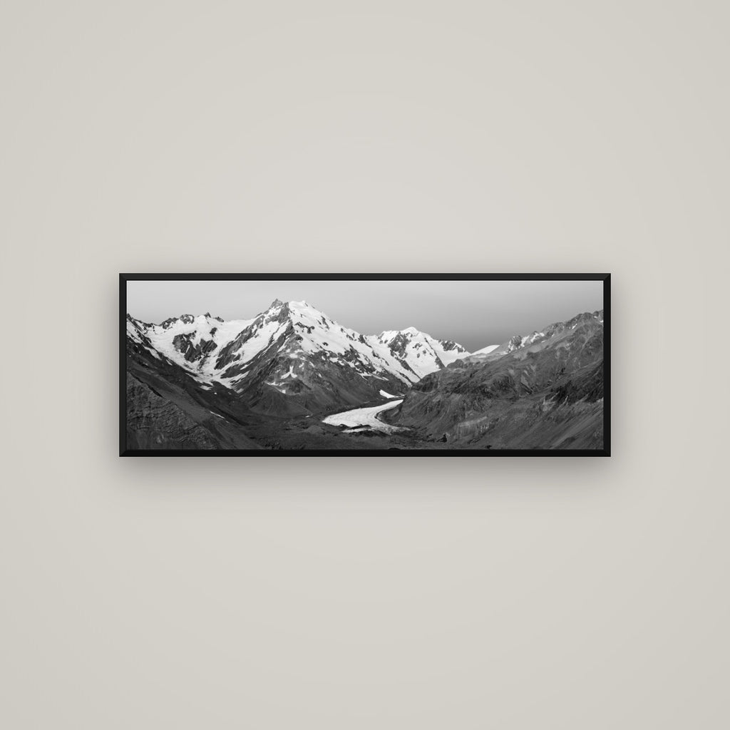 Frozen Highway, Tasman Glacier — Basel Black Matte, 113×40 cm. New Zealand fine art wall art by Stephen Milner.