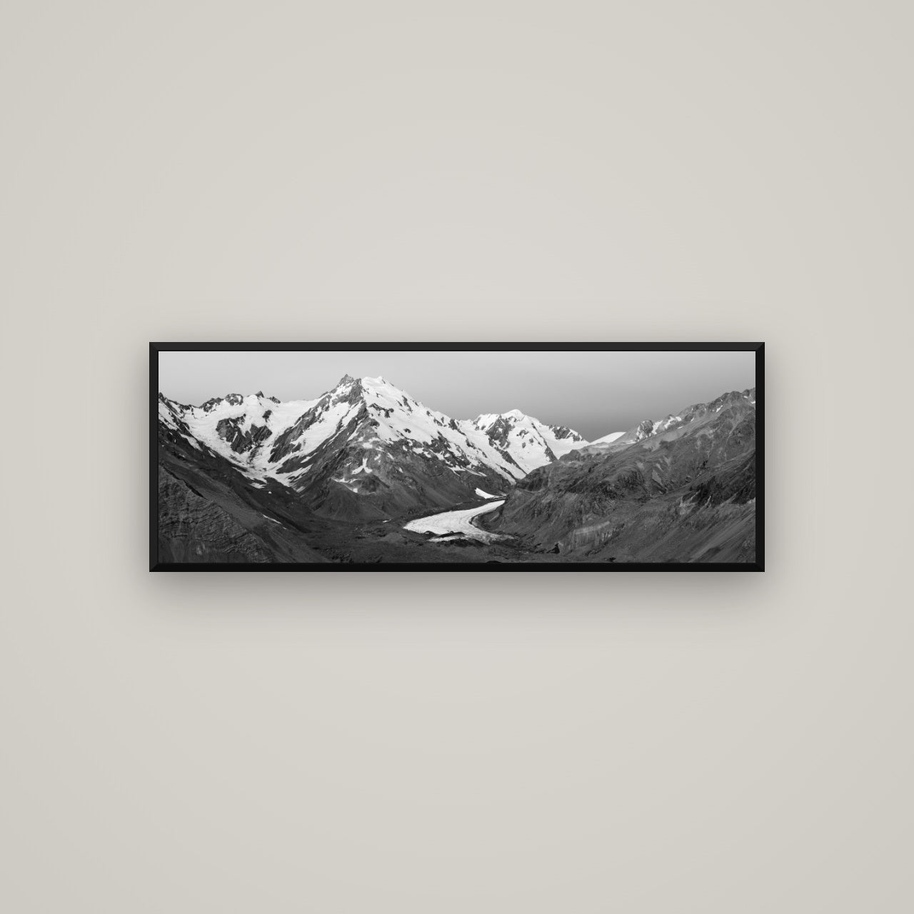 Frozen Highway, Tasman Glacier — Basel Black, 113×40 cm. New Zealand fine art wall art by Stephen Milner.