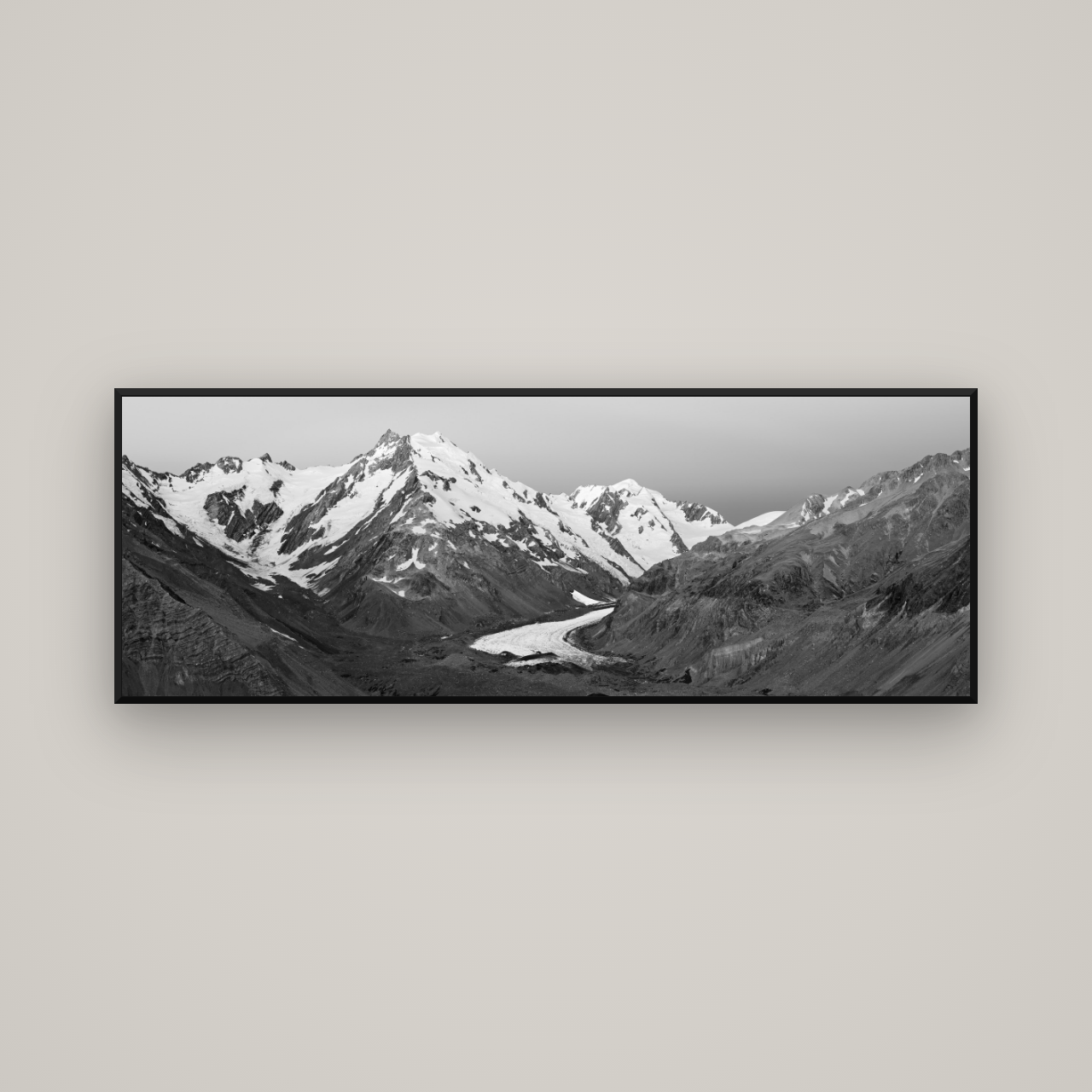 Frozen Highway, Tasman Glacier — Basel Black Matte, 170×60 cm. New Zealand fine art wall art by Stephen Milner.
