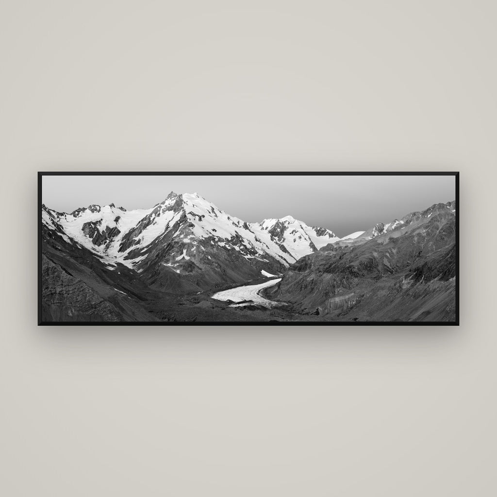 Frozen Highway, Tasman Glacier — Basel Black Matte, 170×60 cm. New Zealand fine art wall art by Stephen Milner.