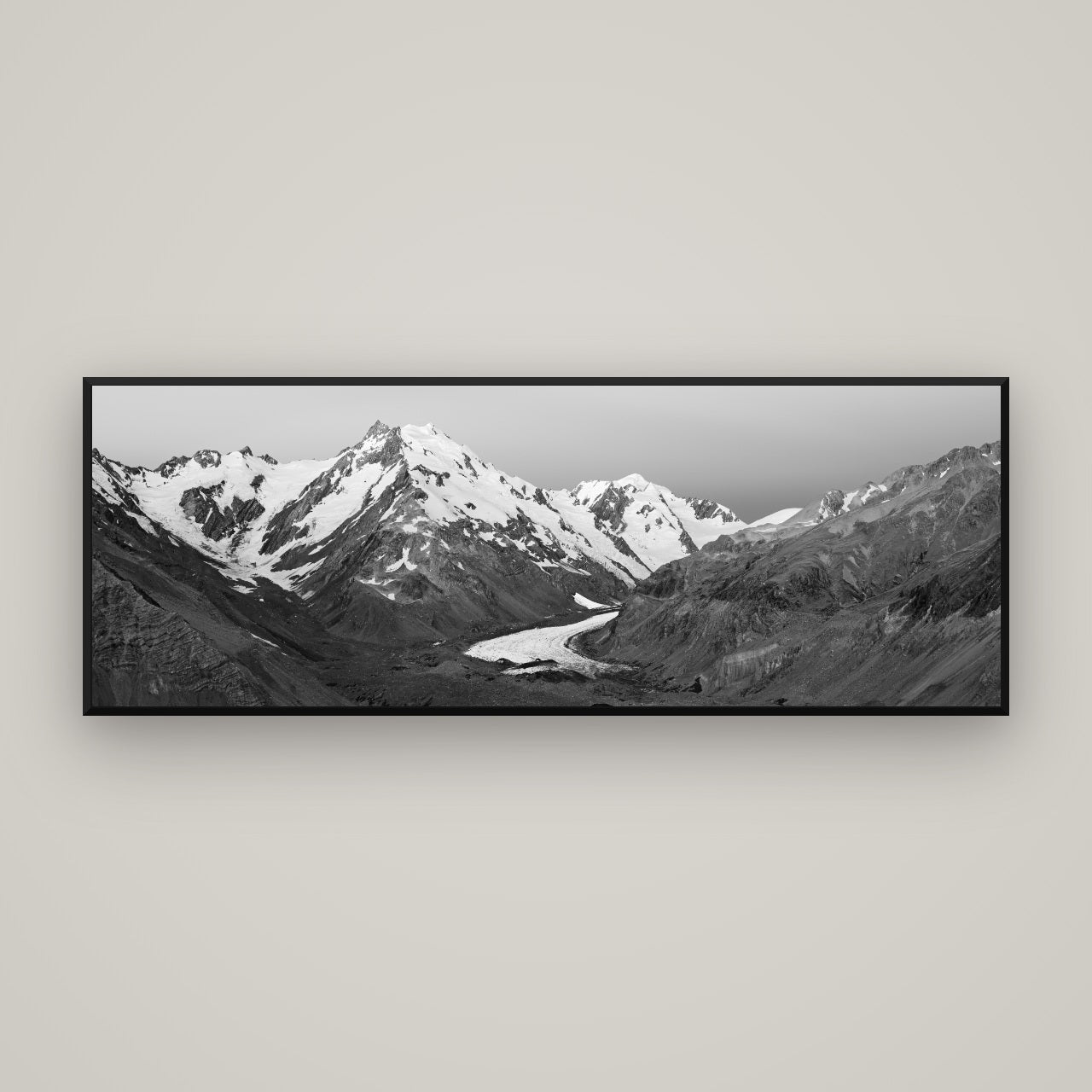 Frozen Highway, Tasman Glacier — Basel Black, 170×60 cm. New Zealand fine art wall art by Stephen Milner.