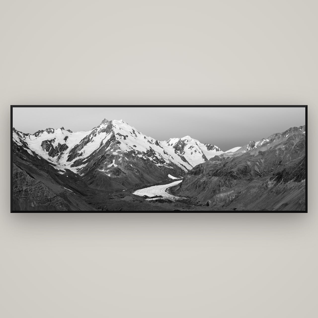 Frozen Highway, Tasman Glacier — Basel Black, 198×70 cm. New Zealand fine art wall art by Stephen Milner.