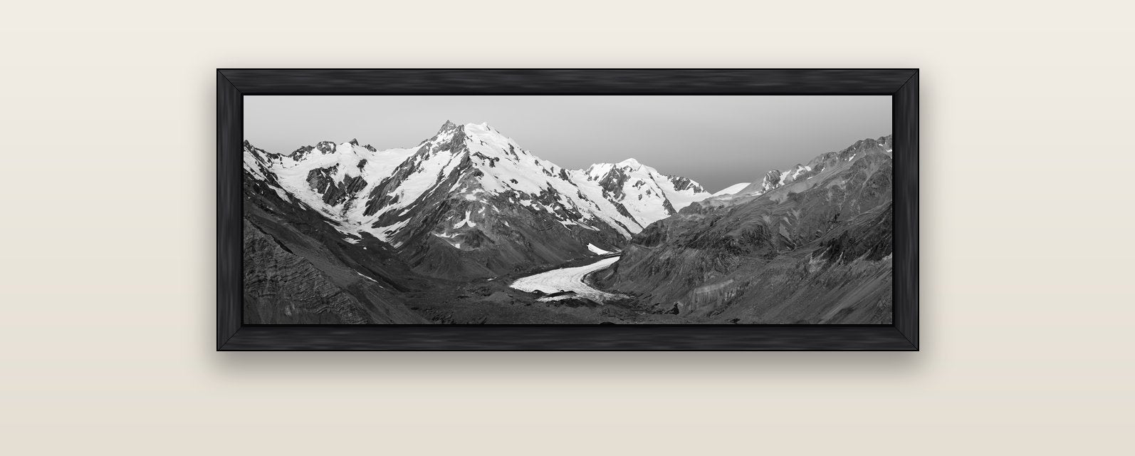 Frozen Highway, Tasman Glacier — black float frame canvas, 102 × 36 cm. New Zealand fine art landscape wall art by Stephen Milner.