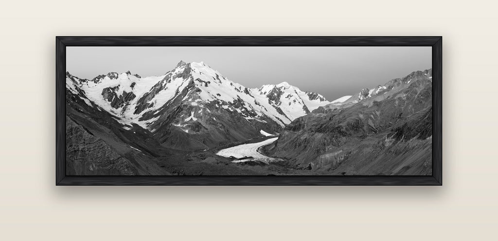 Frozen Highway, Tasman Glacier — black float frame canvas, 152 × 56 cm. New Zealand fine art landscape wall art by Stephen Milner.
