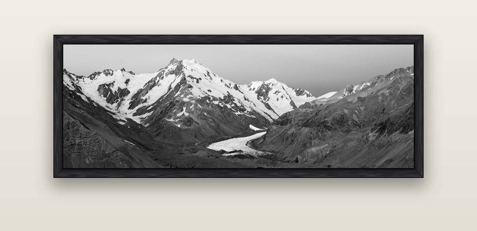 Frozen Highway, Tasman Glacier — black float frame canvas, 152 × 56 cm. New Zealand fine art landscape wall art by Stephen Milner.