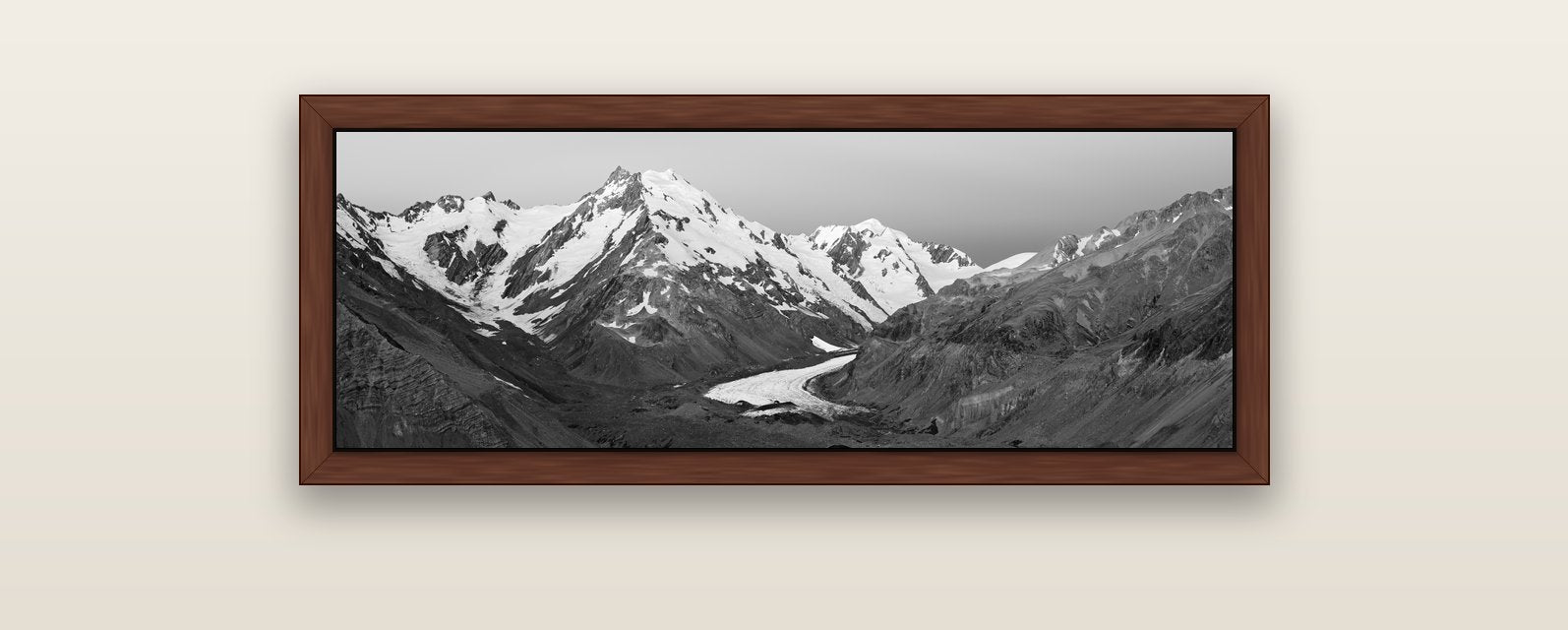 Frozen Highway, Tasman Glacier — brown float frame canvas, 102 × 36 cm. New Zealand fine art landscape wall art by Stephen Milner.