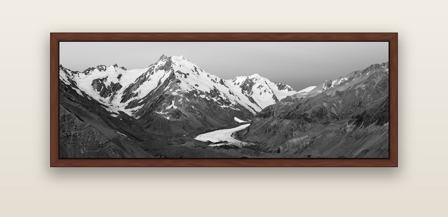 Frozen Highway, Tasman Glacier — brown float frame canvas, 152 × 56 cm. New Zealand fine art landscape wall art by Stephen Milner.