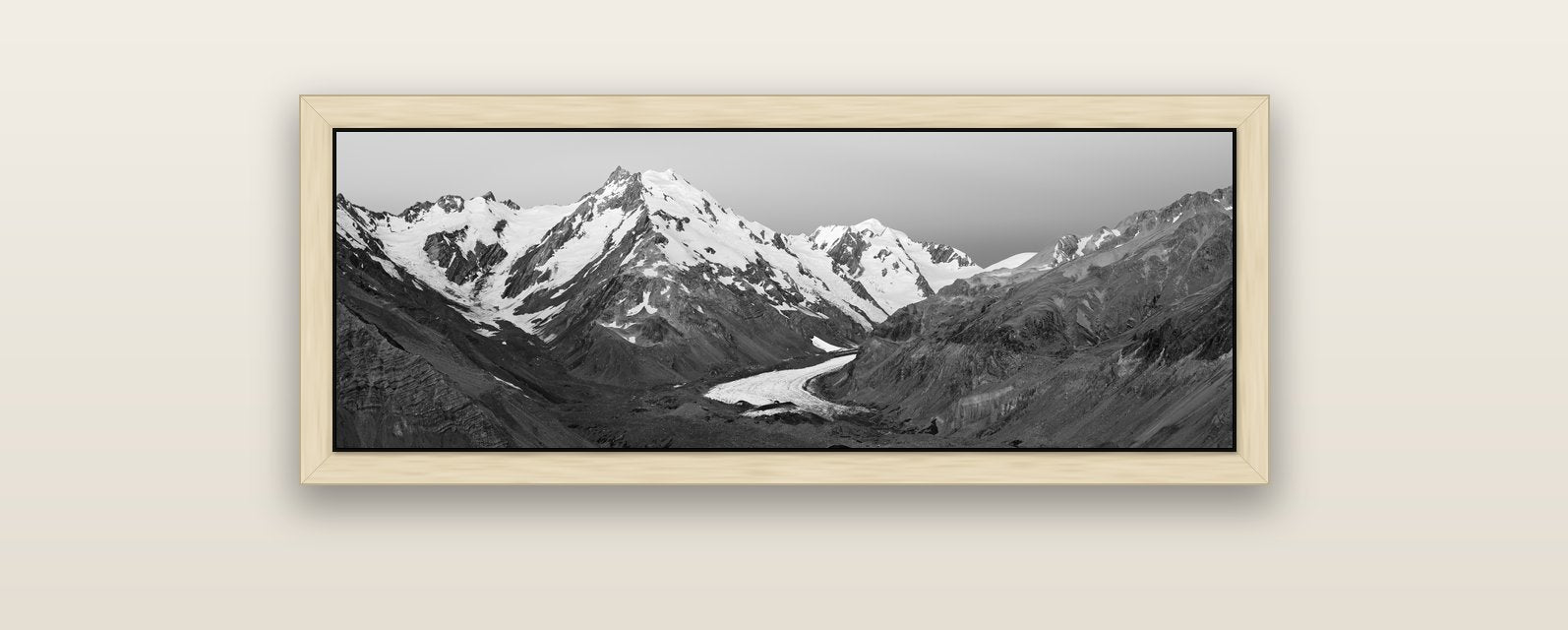 Frozen Highway, Tasman Glacier — natural float frame canvas, 102 × 36 cm. New Zealand fine art landscape wall art by Stephen Milner.