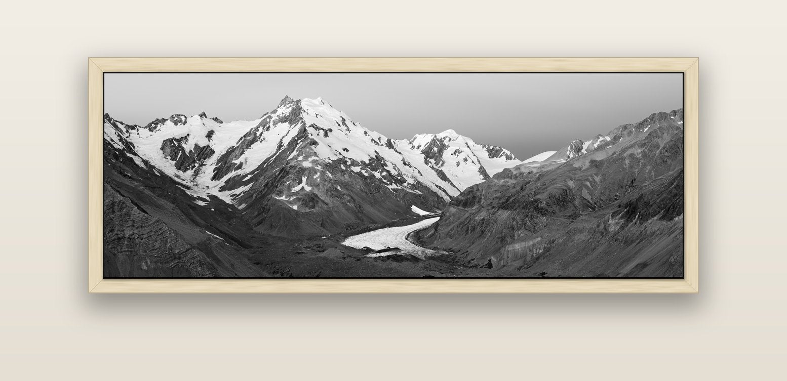 Frozen Highway, Tasman Glacier — natural float frame canvas, 152 × 56 cm. New Zealand fine art landscape wall art by Stephen Milner.