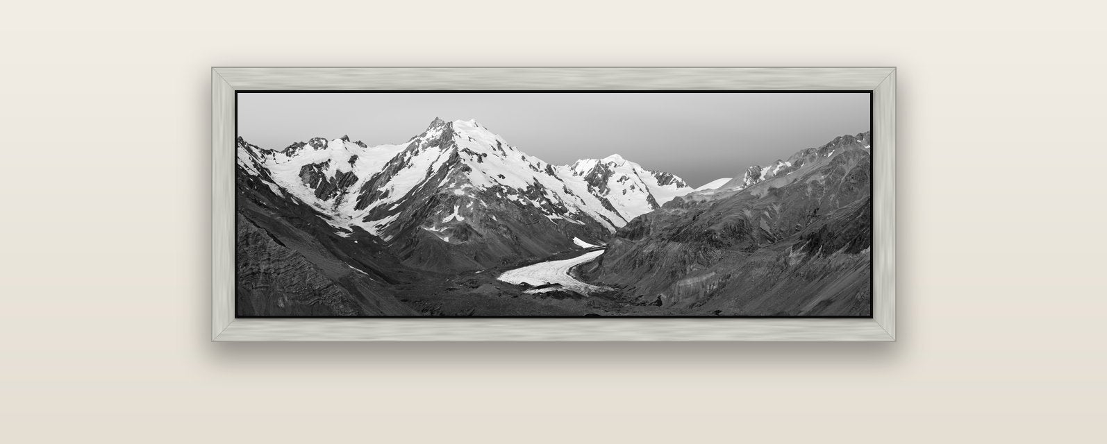Frozen Highway, Tasman Glacier — silver float frame canvas, 102 × 36 cm. New Zealand fine art landscape wall art by Stephen Milner.