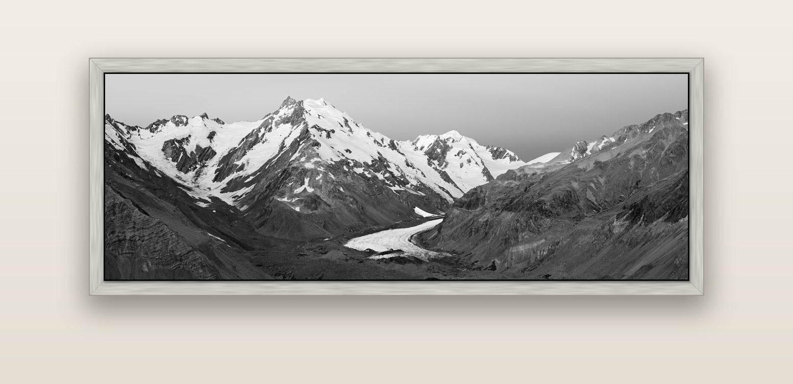 Frozen Highway, Tasman Glacier — silver float frame canvas, 152 × 56 cm. New Zealand fine art landscape wall art by Stephen Milner.