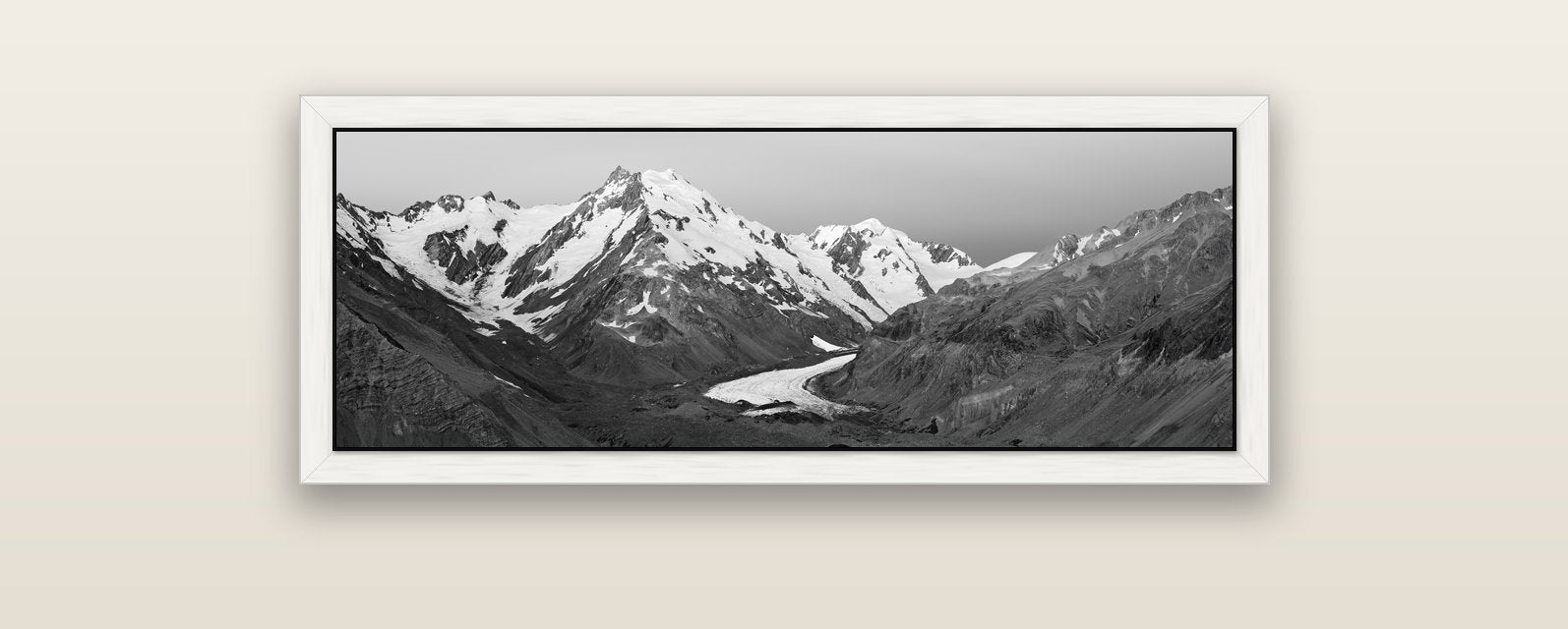 Frozen Highway, Tasman Glacier — white float frame canvas, 102 × 36 cm. New Zealand fine art landscape wall art by Stephen Milner.