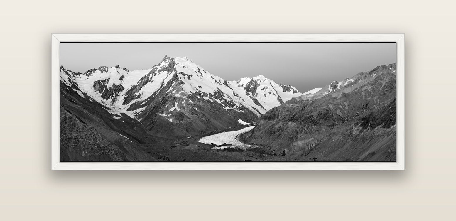 Frozen Highway, Tasman Glacier — white float frame canvas, 152 × 56 cm. New Zealand fine art landscape wall art by Stephen Milner.