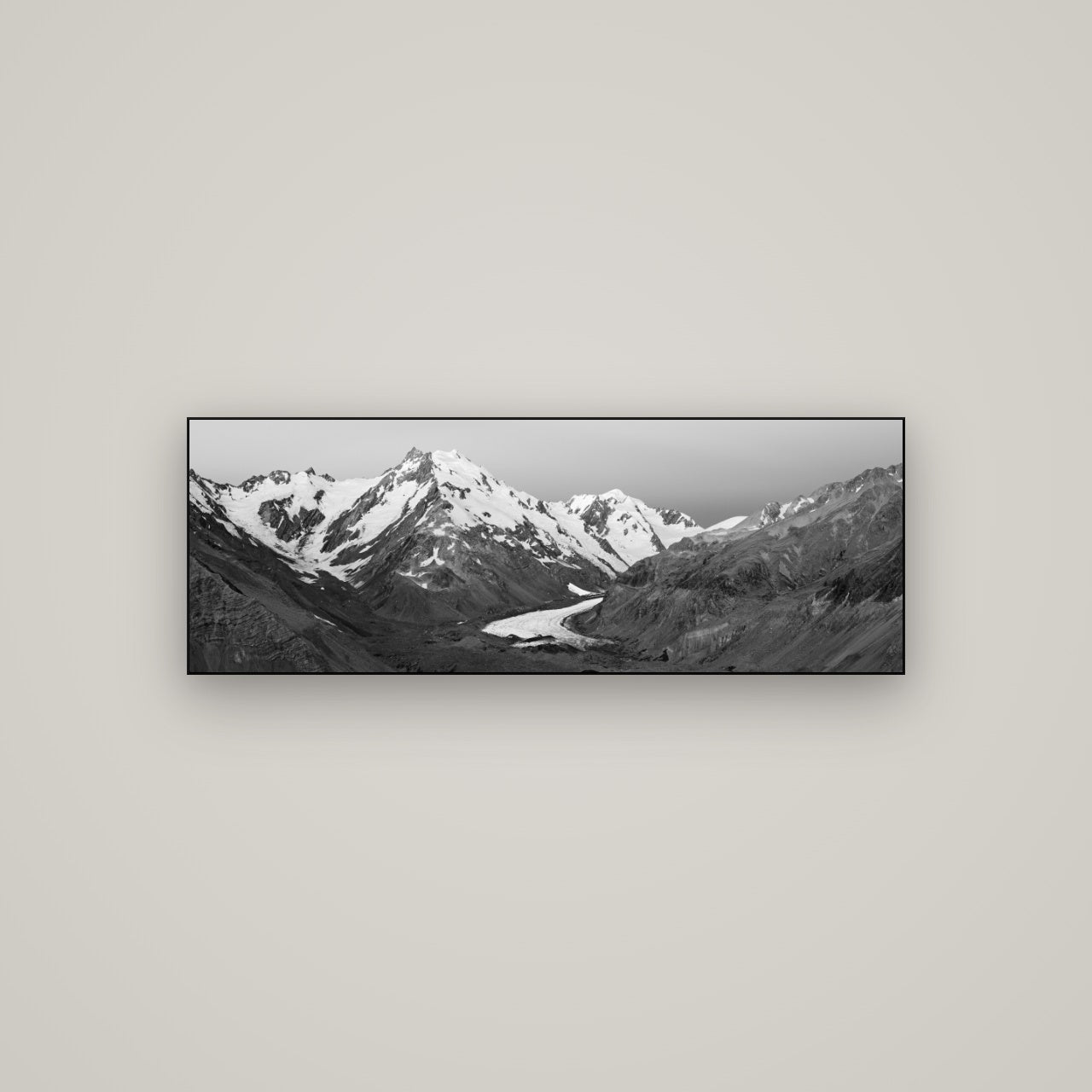 Frozen Highway, Tasman Glacier — Slimline Black, 113×40 cm. New Zealand fine art wall art by Stephen Milner.