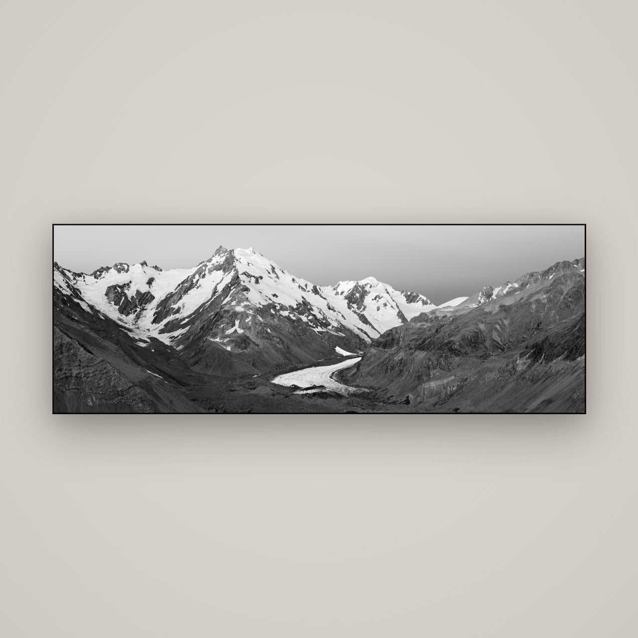 Frozen Highway, Tasman Glacier — Slimline Black, 170×60 cm. New Zealand fine art wall art by Stephen Milner.