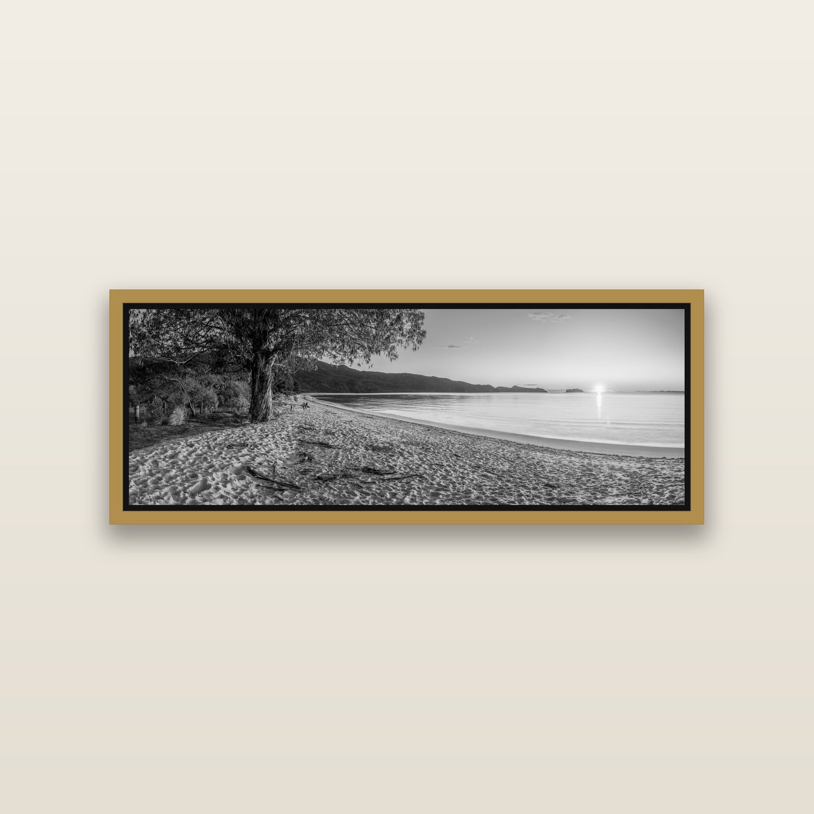 Gateway to Dawn, Abel Tasman — Antique Gold framed metallic canvas print, small 86 × 30 cm. New Zealand fine art landscape wall art by Stephen Milner.
