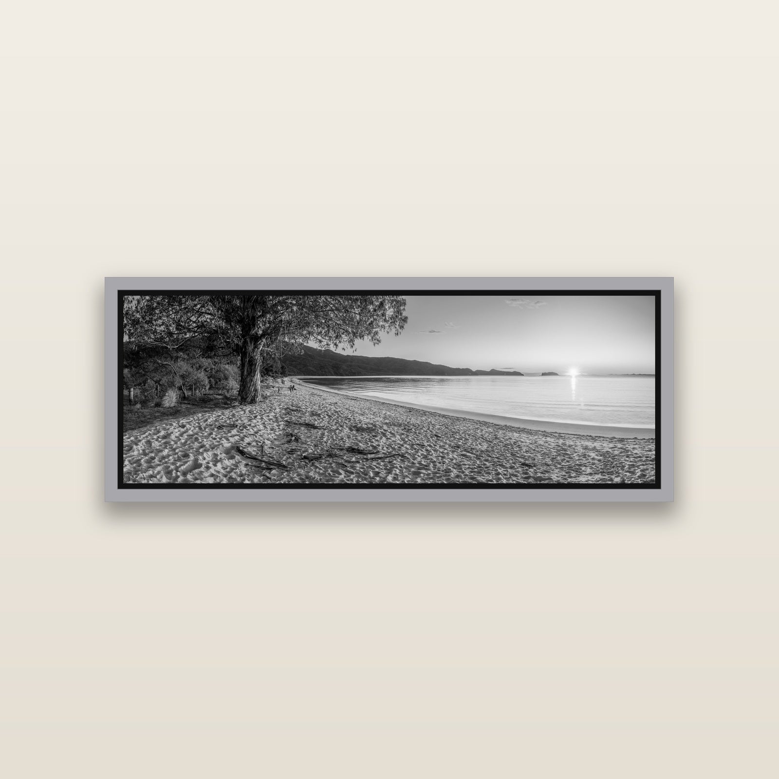 Gateway to Dawn, Abel Tasman — Antique Silver framed metallic canvas print, small 86 × 30 cm. New Zealand fine art landscape wall art by Stephen Milner.