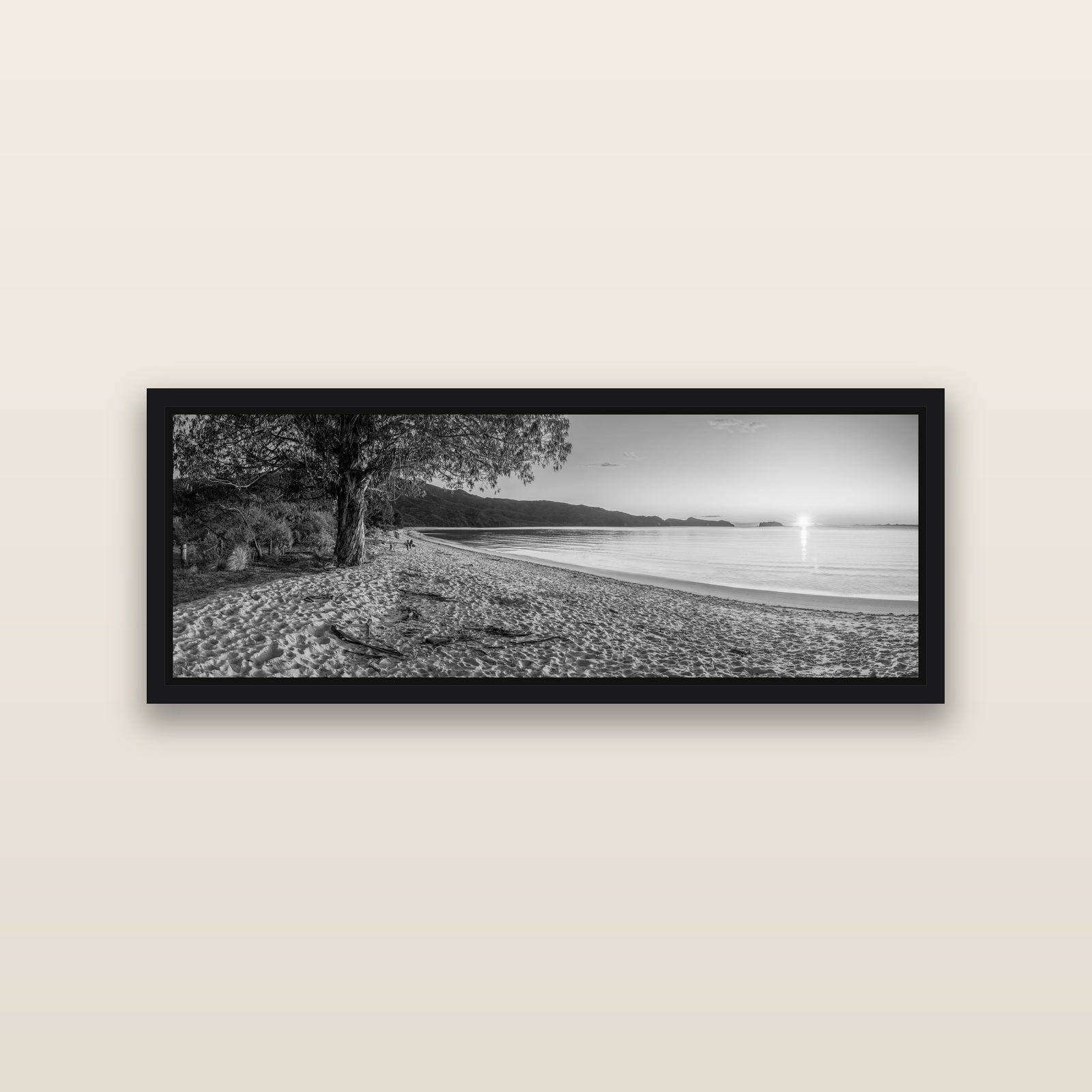Gateway to Dawn, Abel Tasman — Black framed metallic canvas print, small 86 × 30 cm. New Zealand fine art landscape wall art by Stephen Milner.