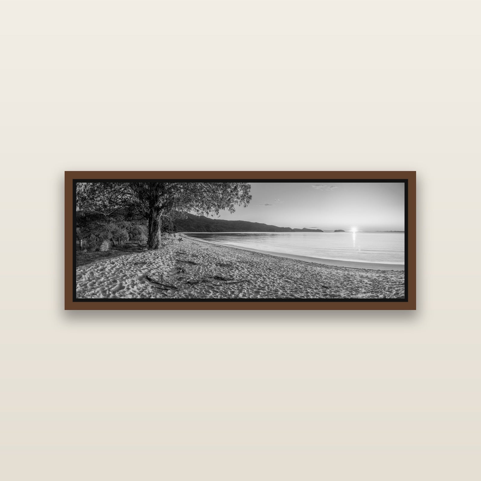 Gateway to Dawn, Abel Tasman — Brown framed metallic canvas print, small 86 × 30 cm. New Zealand fine art landscape wall art by Stephen Milner.