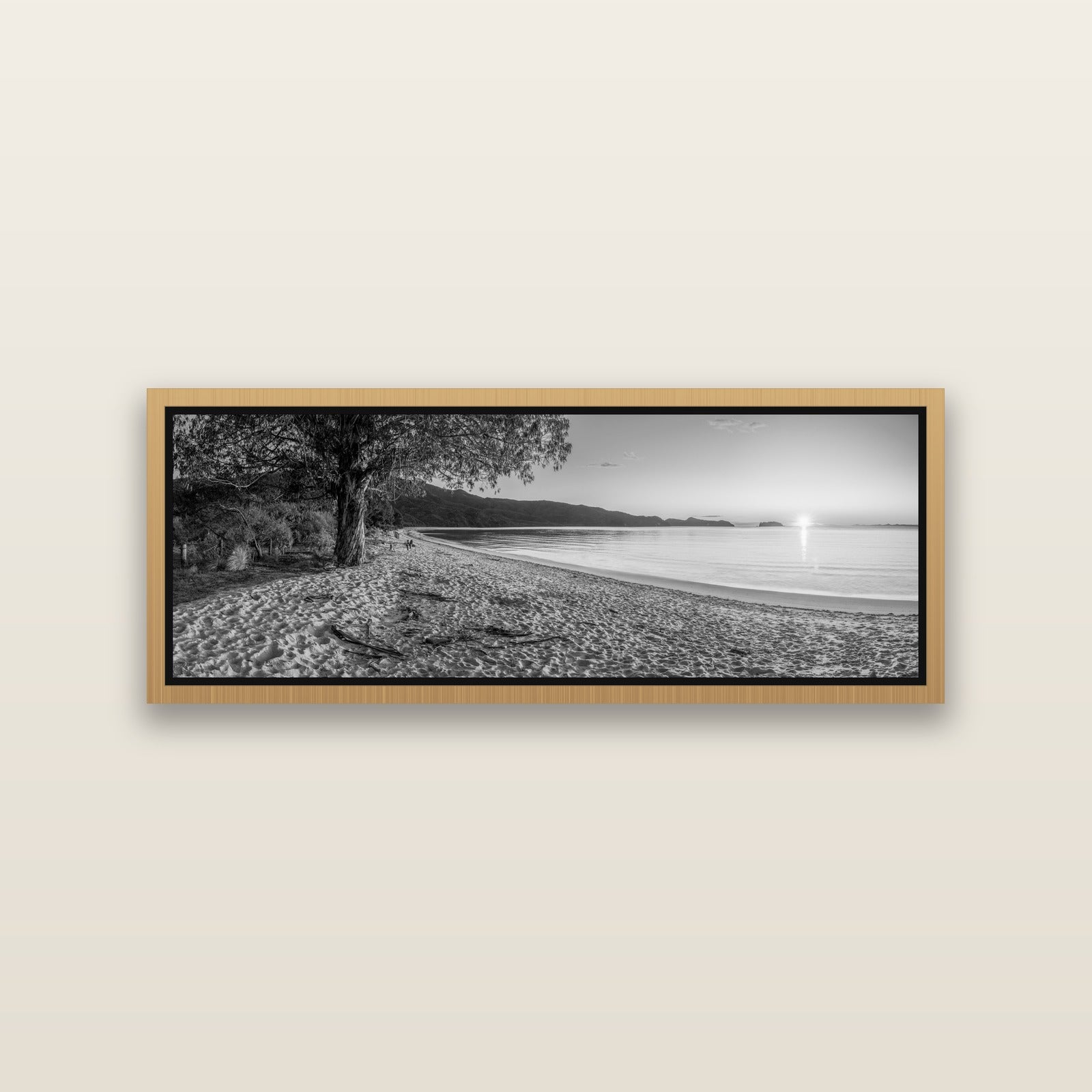 Gateway to Dawn, Abel Tasman — Natural framed metallic canvas print, small 86 × 30 cm. New Zealand fine art landscape wall art by Stephen Milner.