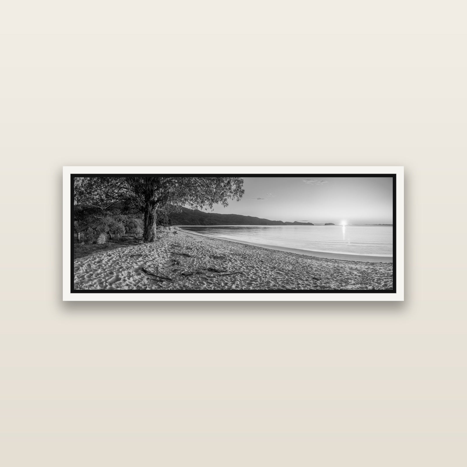 Gateway to Dawn, Abel Tasman — White framed metallic canvas print, small 86 × 30 cm. New Zealand fine art landscape wall art by Stephen Milner.