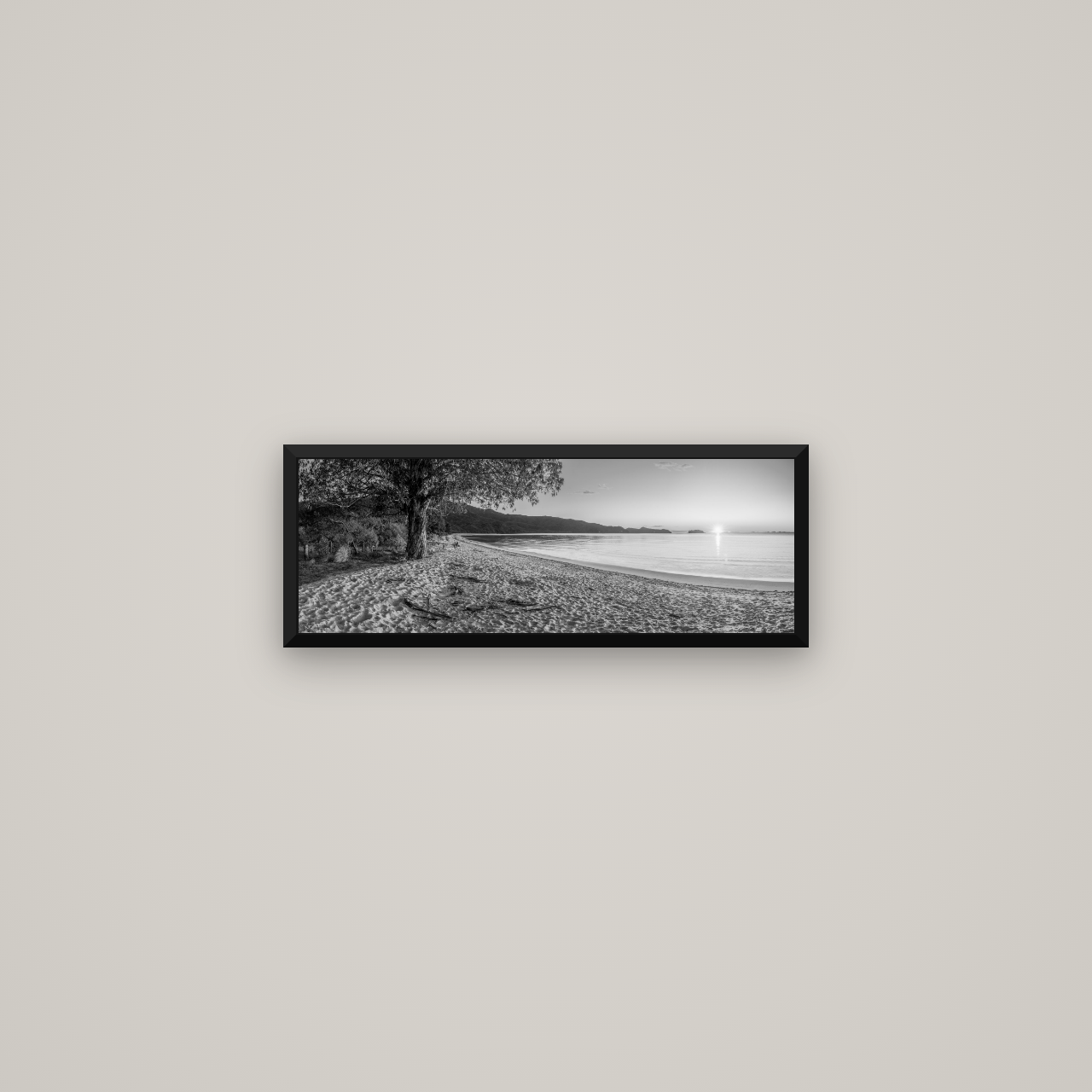 Gateway to Dawn, Abel Tasman — Basel Black Matte, 57×20 cm. New Zealand fine art wall art by Stephen Milner.