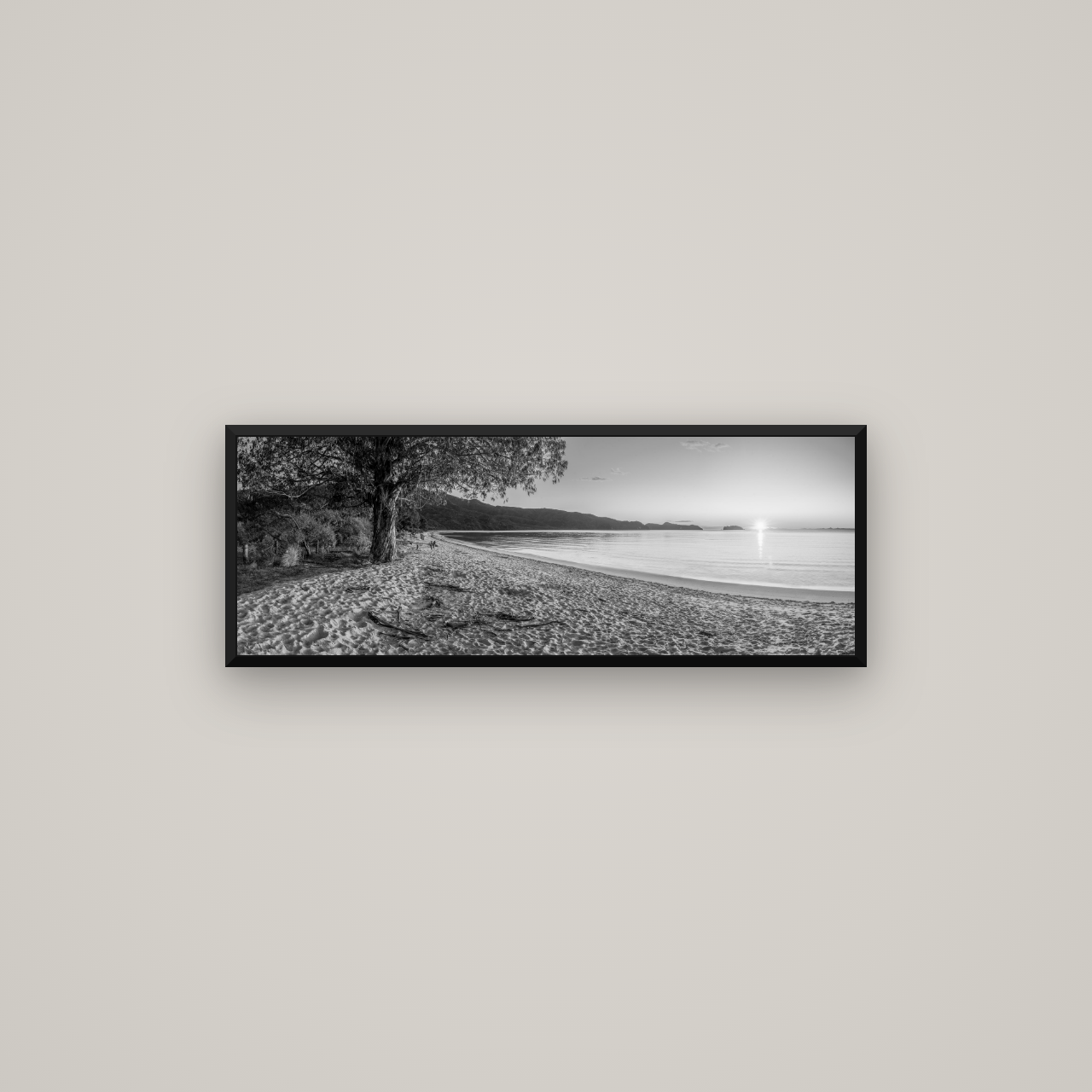 Gateway to Dawn, Abel Tasman — Basel Black Matte, 85×30 cm. New Zealand fine art wall art by Stephen Milner.