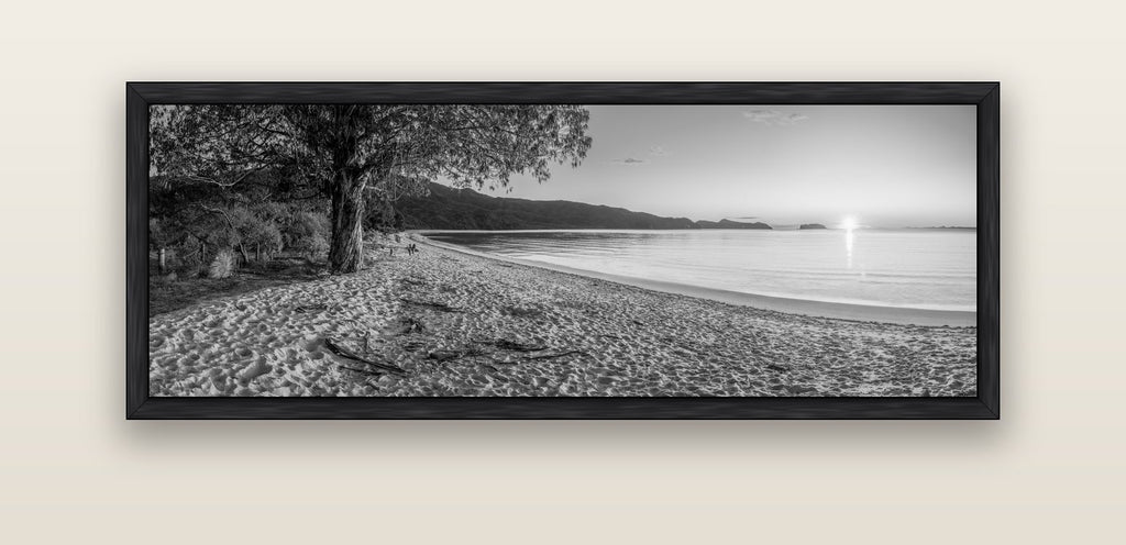 Gateway to Dawn, Abel Tasman — black float frame canvas, 152 × 56 cm. New Zealand fine art landscape wall art by Stephen Milner.