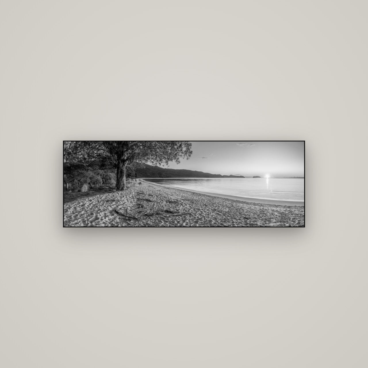 Gateway to Dawn, Abel Tasman — Slimline Black, 113×40 cm. New Zealand fine art wall art by Stephen Milner.