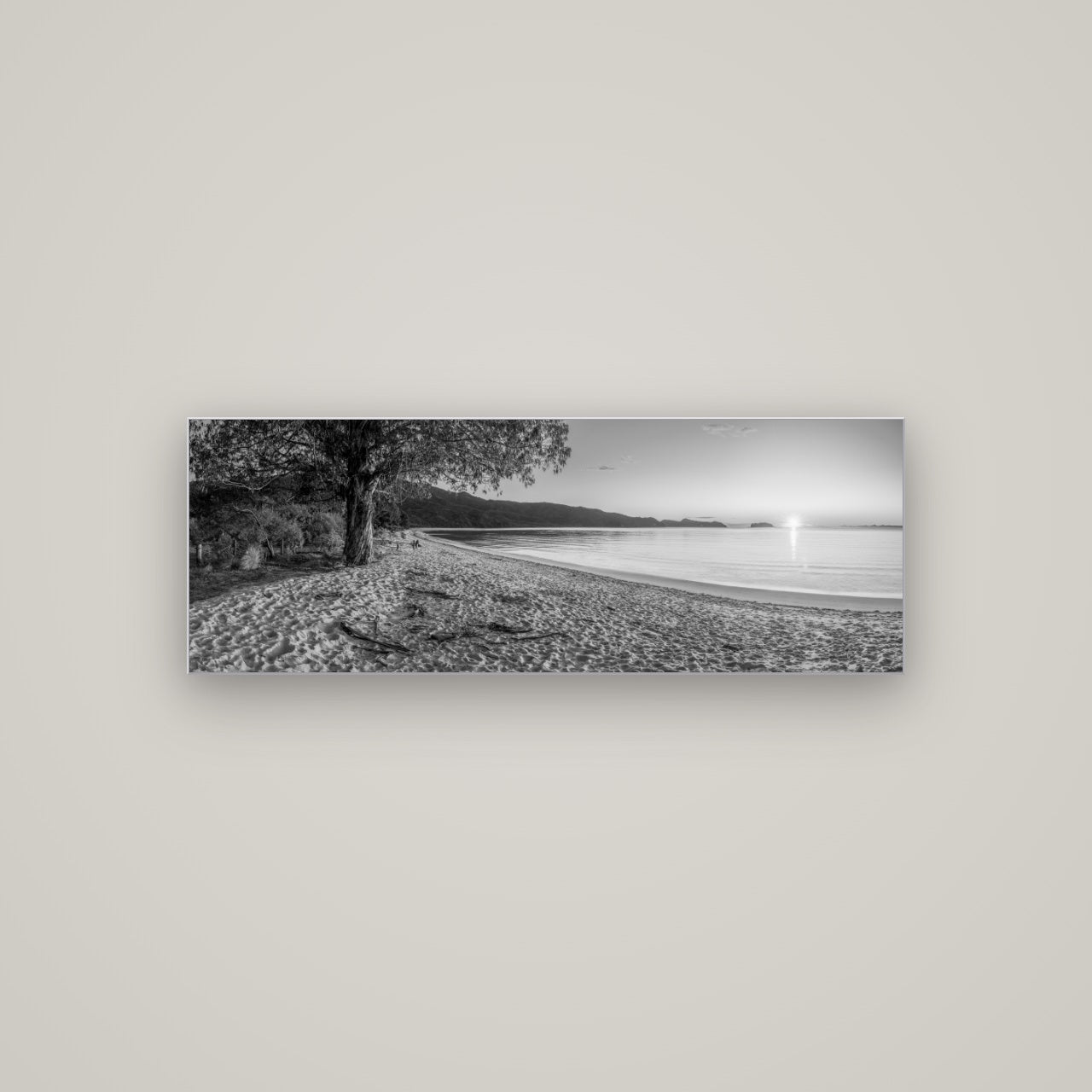 Gateway to Dawn, Abel Tasman — Slimline Silver, 113×40 cm. New Zealand fine art wall art by Stephen Milner.