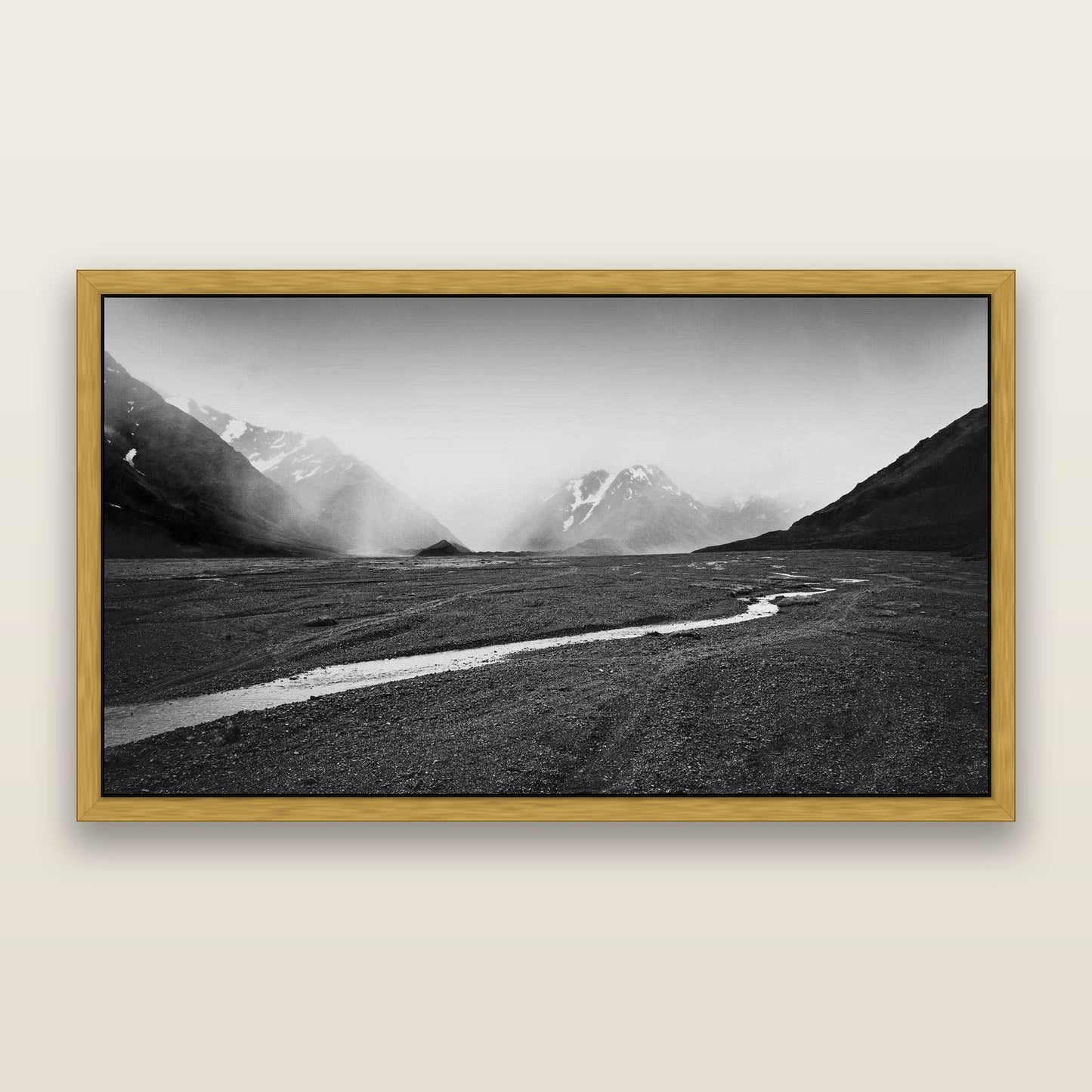 Godley's Storm, Mount Cook National Park — framed metallic canvas print, Antique Gold frame. New Zealand fine art landscape wall art by Stephen Milner.