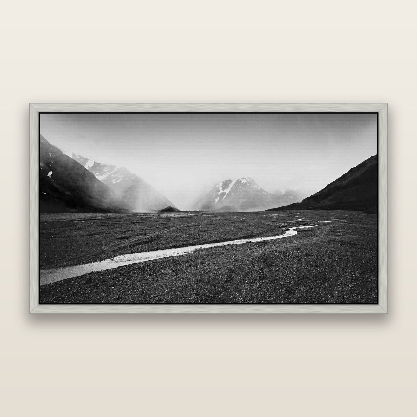Godley's Storm, Mount Cook National Park — framed metallic canvas print, Antique Silver frame. New Zealand fine art landscape wall art by Stephen Milner.