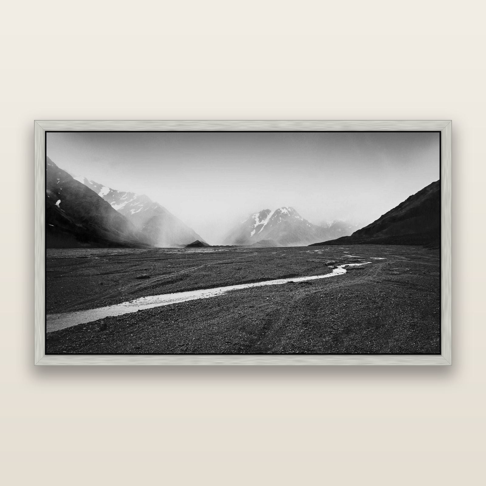 Godley's Storm, Mount Cook National Park — framed metallic canvas print, Antique Silver frame. New Zealand fine art landscape wall art by Stephen Milner.