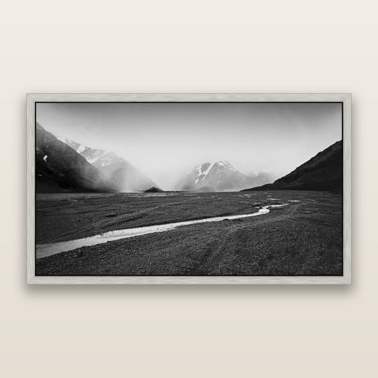 Godley's Storm, Mount Cook National Park — framed metallic canvas print, Antique Silver frame. New Zealand fine art landscape wall art by Stephen Milner.
