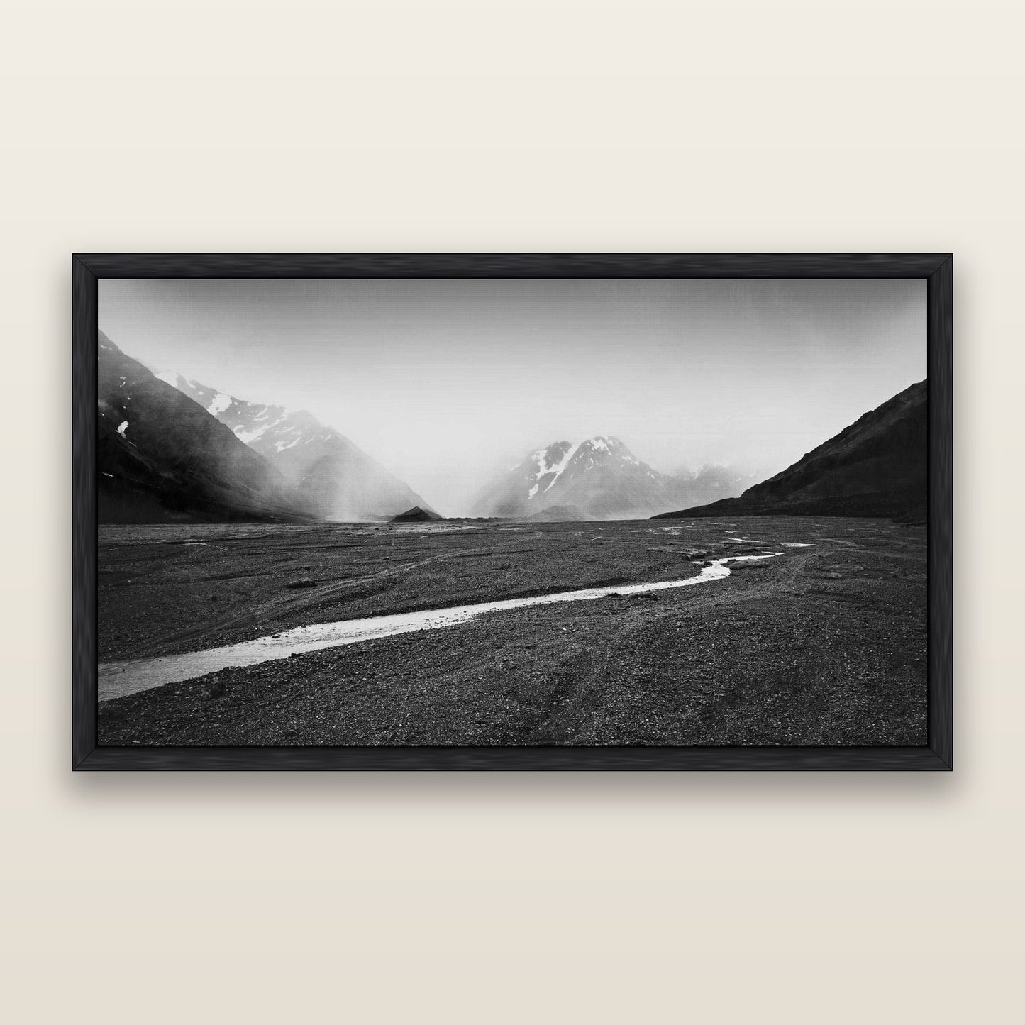 Godley's Storm, Mount Cook National Park — framed metallic canvas print, Black frame. New Zealand fine art landscape wall art by Stephen Milner.