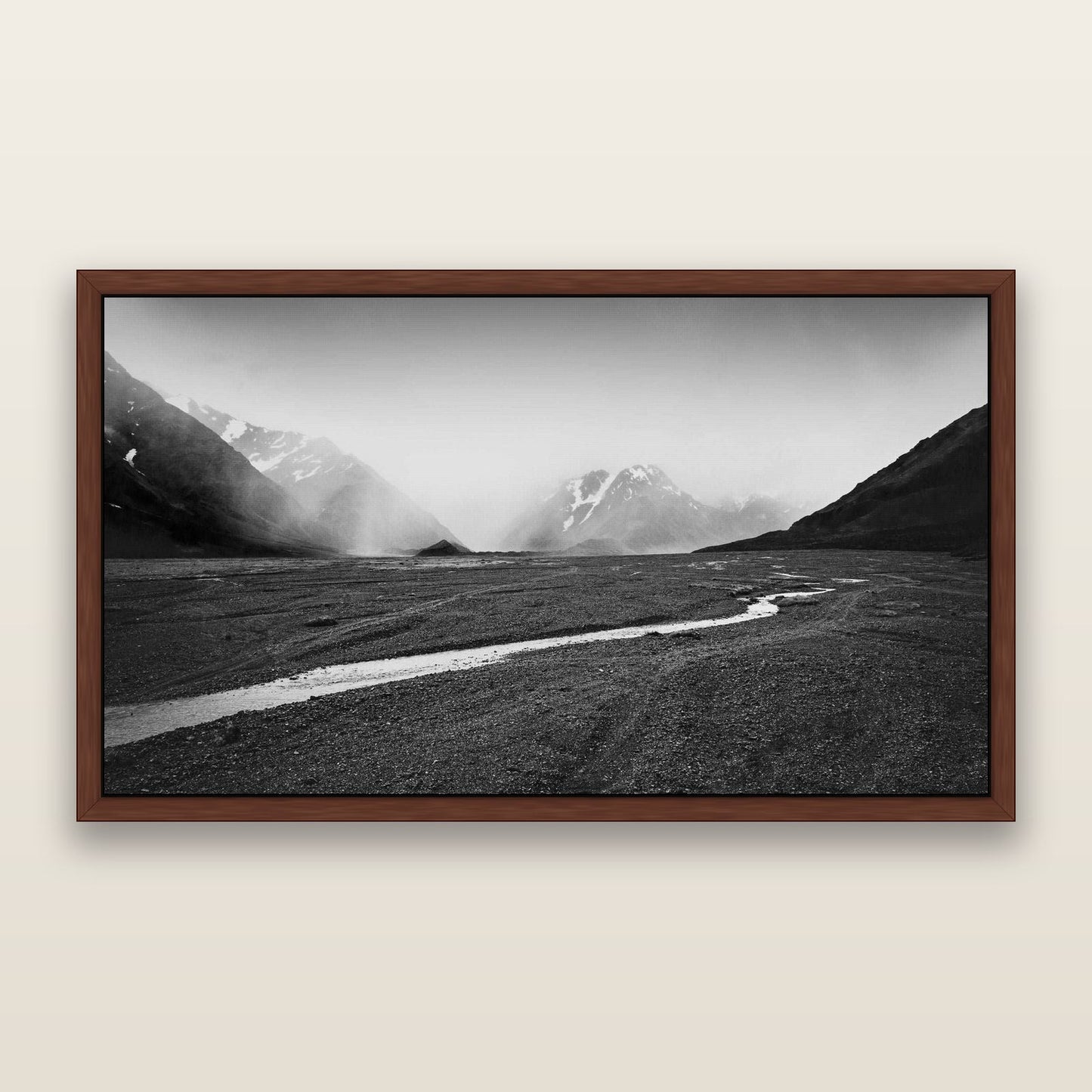 Godley's Storm, Mount Cook National Park — framed metallic canvas print, Brown frame. New Zealand fine art landscape wall art by Stephen Milner.