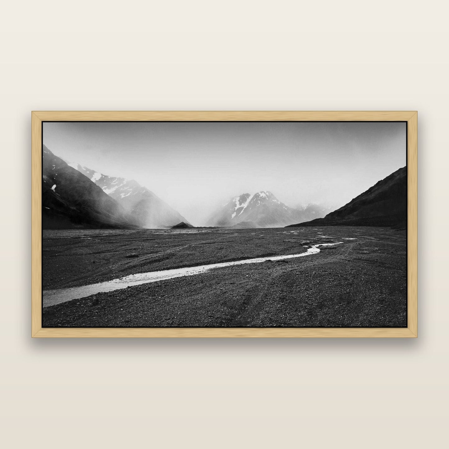 Godley's Storm, Mount Cook National Park — framed metallic canvas print, Natural frame. New Zealand fine art landscape wall art by Stephen Milner.