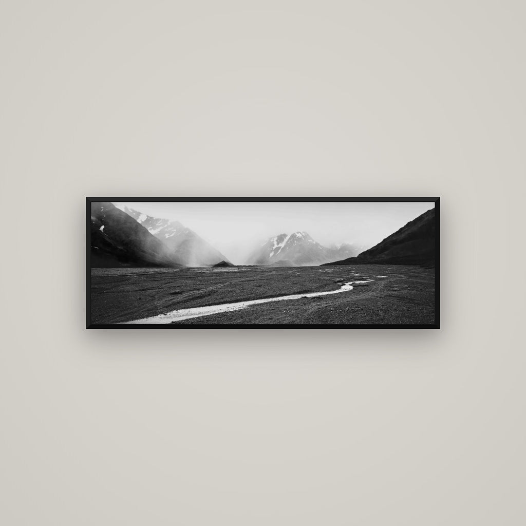 Godley's Storm, Mount Cook National Park — Basel Black Matte, 113×40 cm. New Zealand fine art wall art by Stephen Milner.