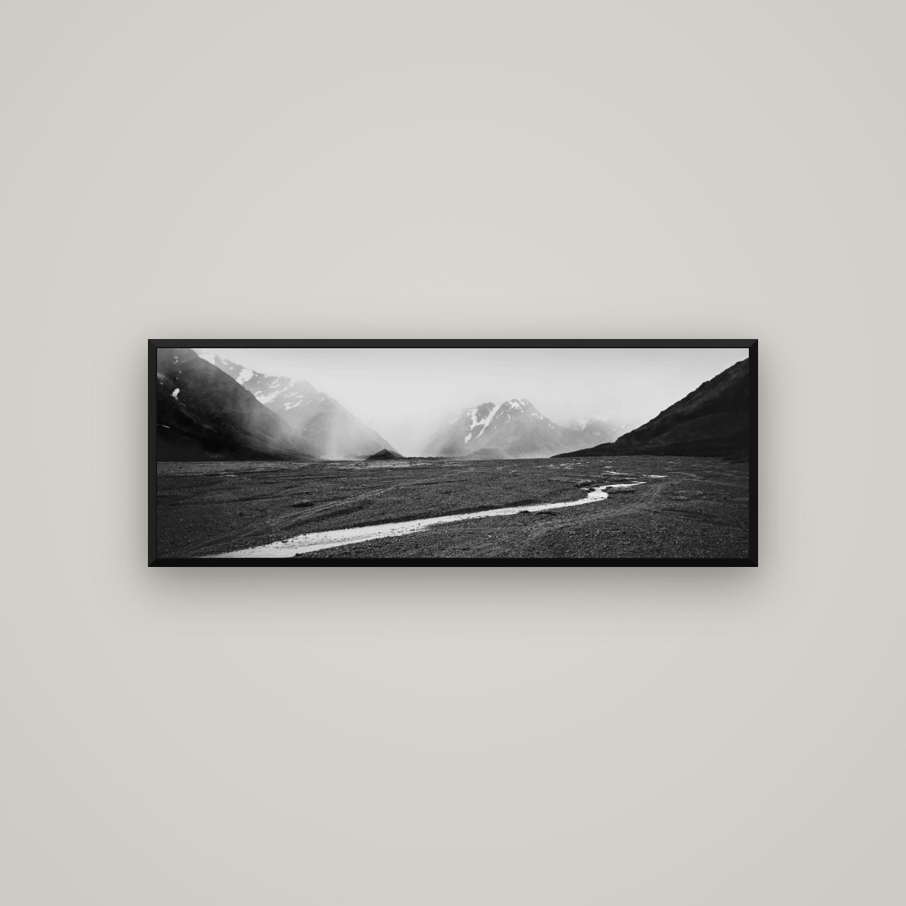 Godley's Storm, Mount Cook National Park — Basel Black, 113×40 cm. New Zealand fine art wall art by Stephen Milner.