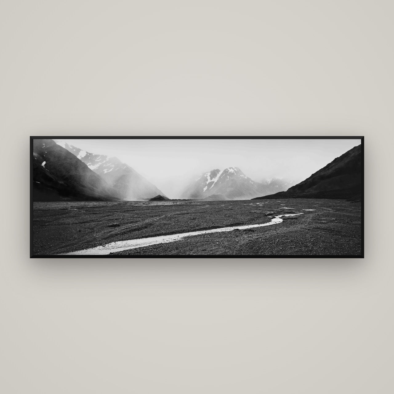 Godley's Storm, Mount Cook National Park — Basel Black, 170×60 cm. New Zealand fine art wall art by Stephen Milner.