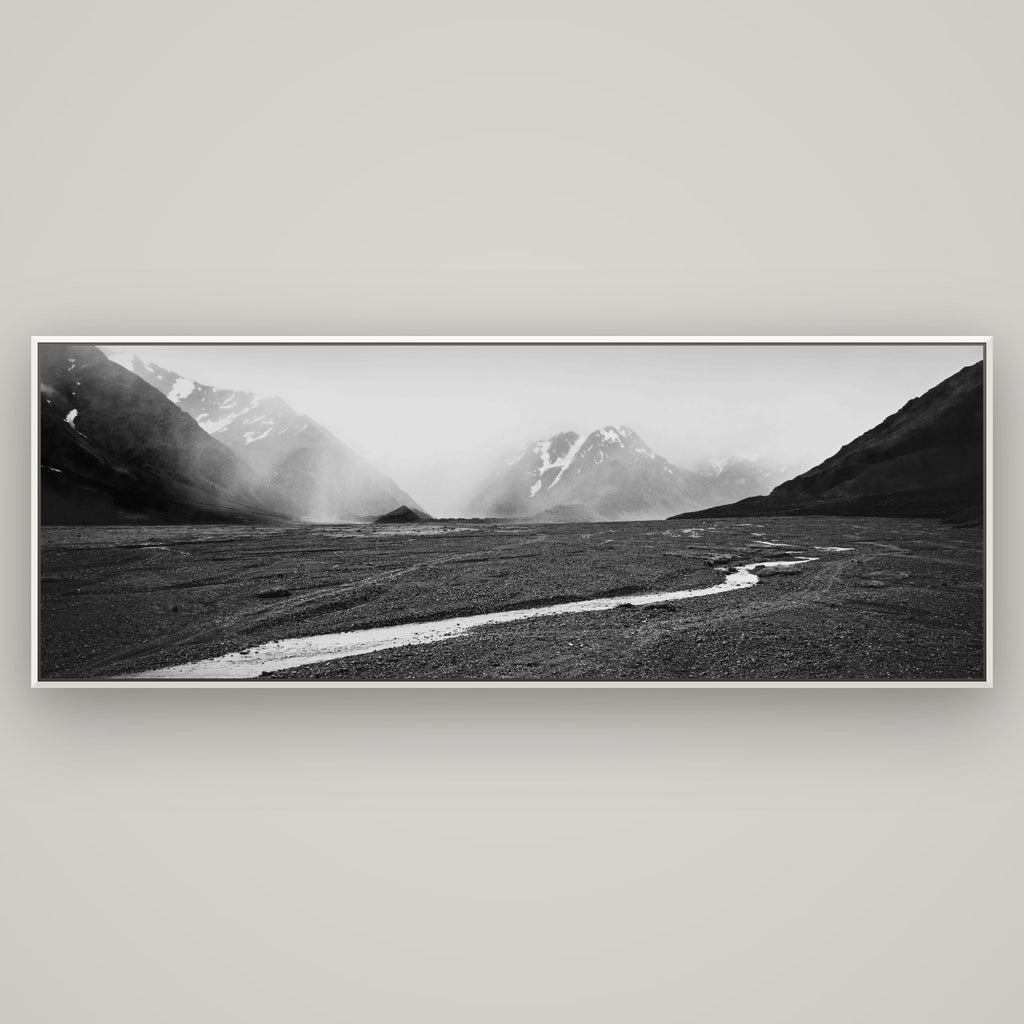Godley's Storm, Mount Cook National Park — Basel White, 198×70 cm. New Zealand fine art wall art by Stephen Milner.