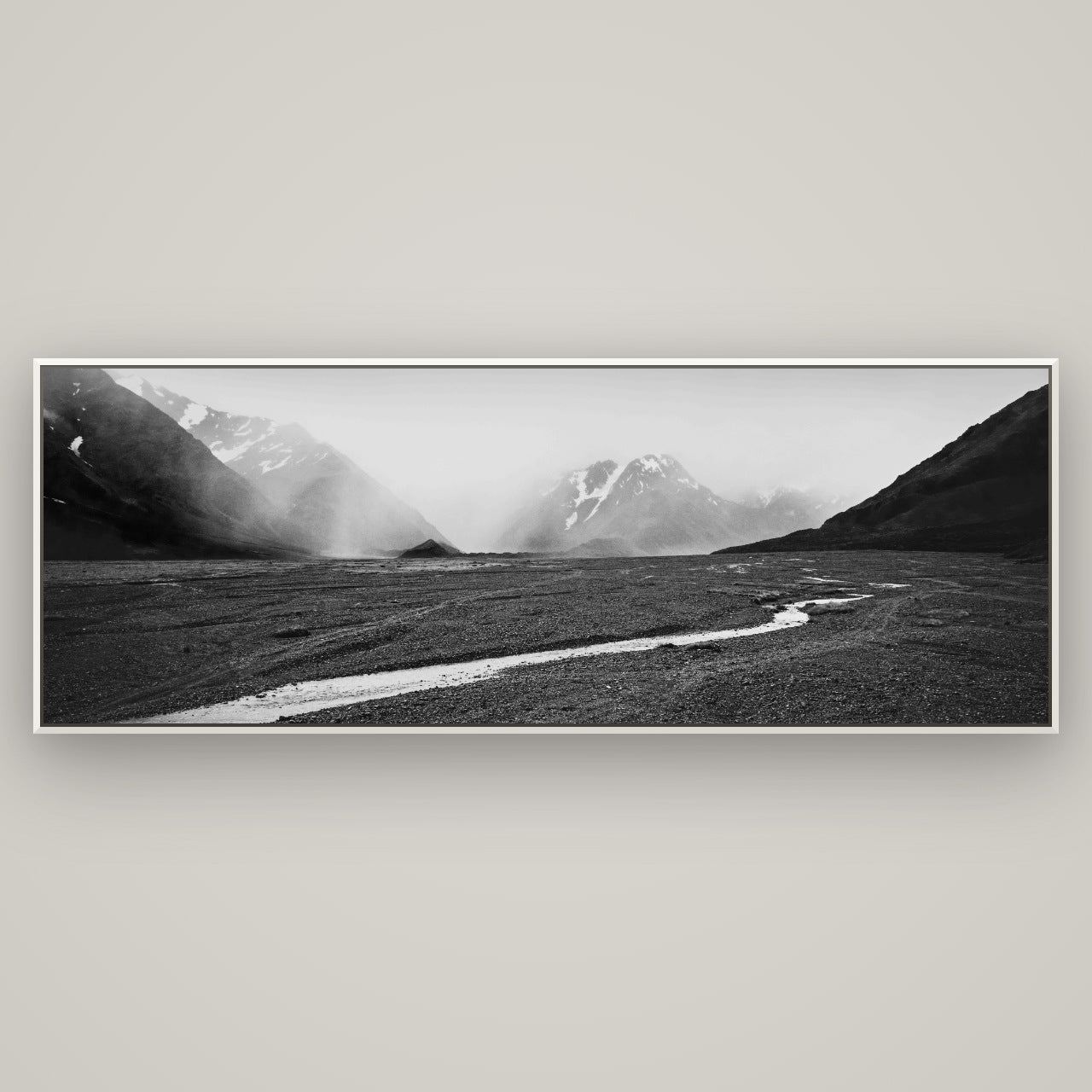 Godley's Storm, Mount Cook National Park — Basel White, 198×70 cm. New Zealand fine art wall art by Stephen Milner.