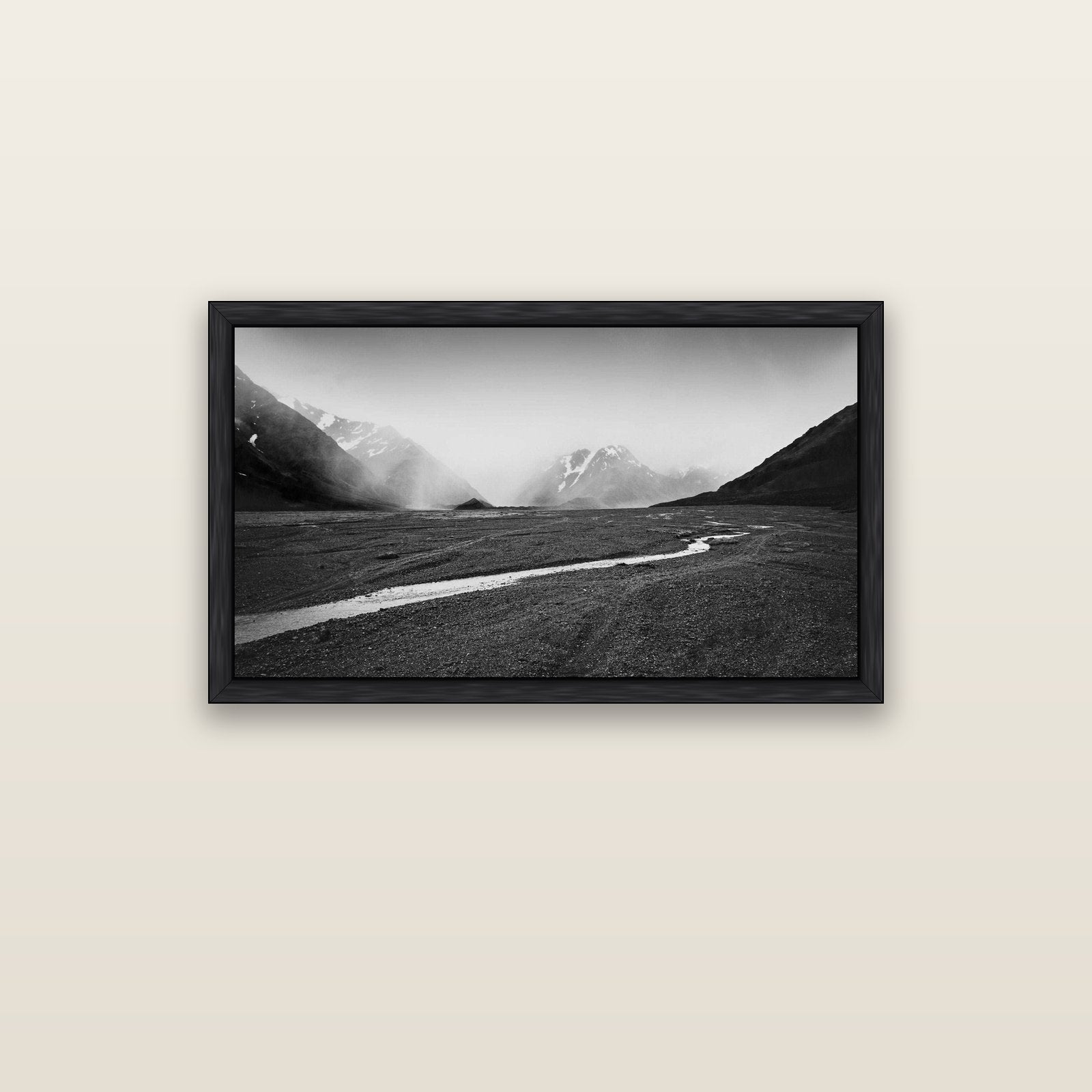 Godley's Storm, Mount Cook National Park — black float frame canvas, 102 × 56 cm. New Zealand fine art landscape wall art by Stephen Milner.