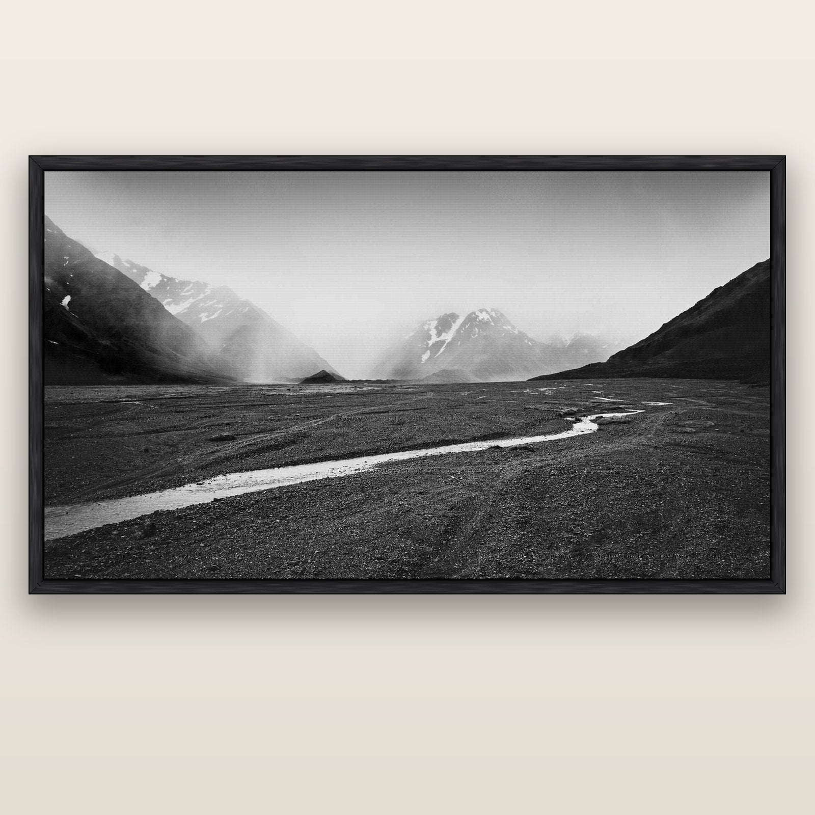 Godley's Storm, Mount Cook National Park — black float frame canvas, 201 × 99 cm. New Zealand fine art landscape wall art by Stephen Milner.